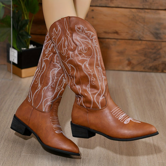 Women's Embroidered Chelsea Boots Mid Calf Western Shoes