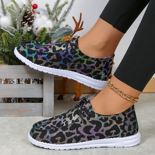 Leopard Printed Lace up Boat Shoes Low Flats Casual Walking Shoes