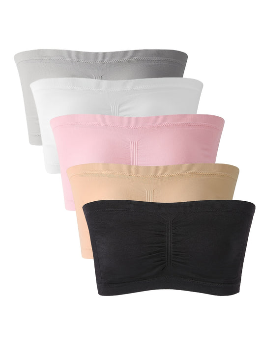 5pk Plus Size Tube Bra Set Solid Wireless Padded Anti Slip Comfort T-shirt