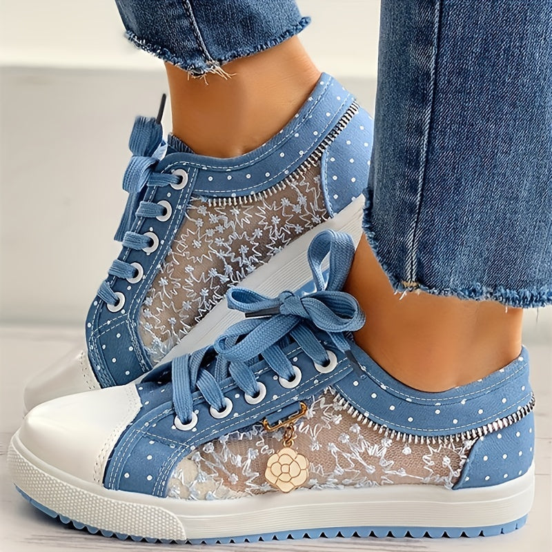Women's Mesh Embroidery Flat Shoes Lace Up Sneakers