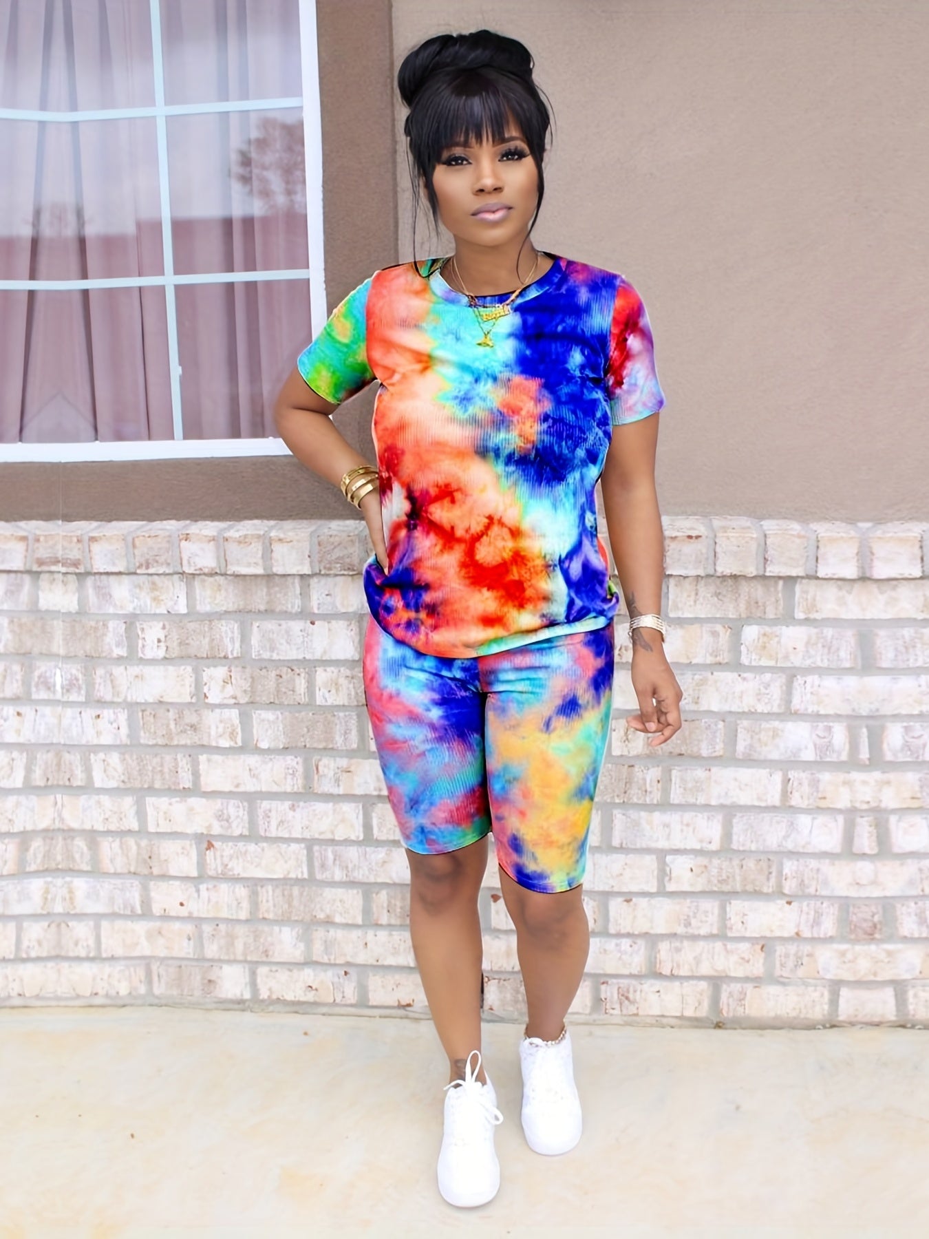Women's Tie Dye 2 Pc Set Short Sleeve T shirt & High Waist