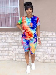 Women's Tie Dye 2 Pc Set Short Sleeve T shirt & High Waist