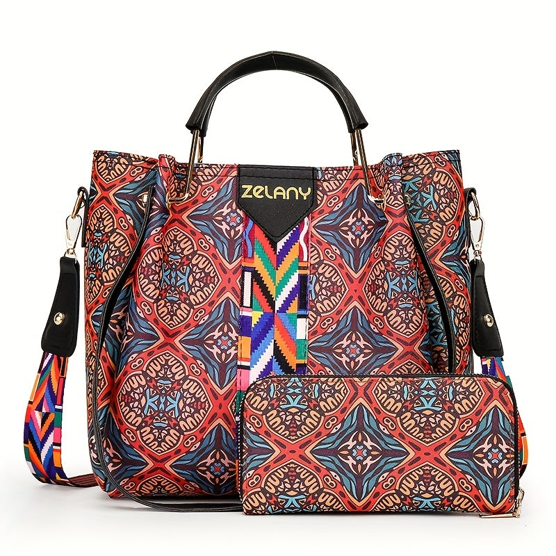 Vintage Flower Print Handbag Set Ethnic Style Shoulder Bag With Clutch