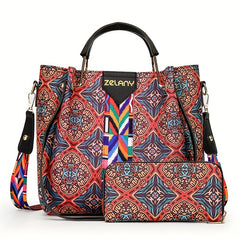 Vintage Flower Print Handbag Set Ethnic Style Shoulder Bag With Clutch