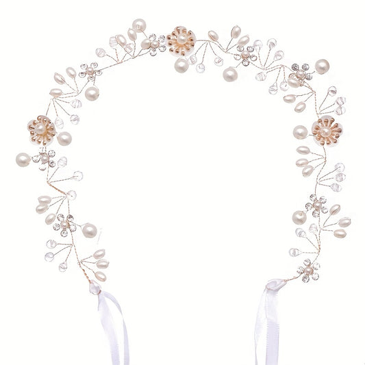 Flower Faux Pearl Crystal Headband Ribbon Wedding Bridal Jewelry