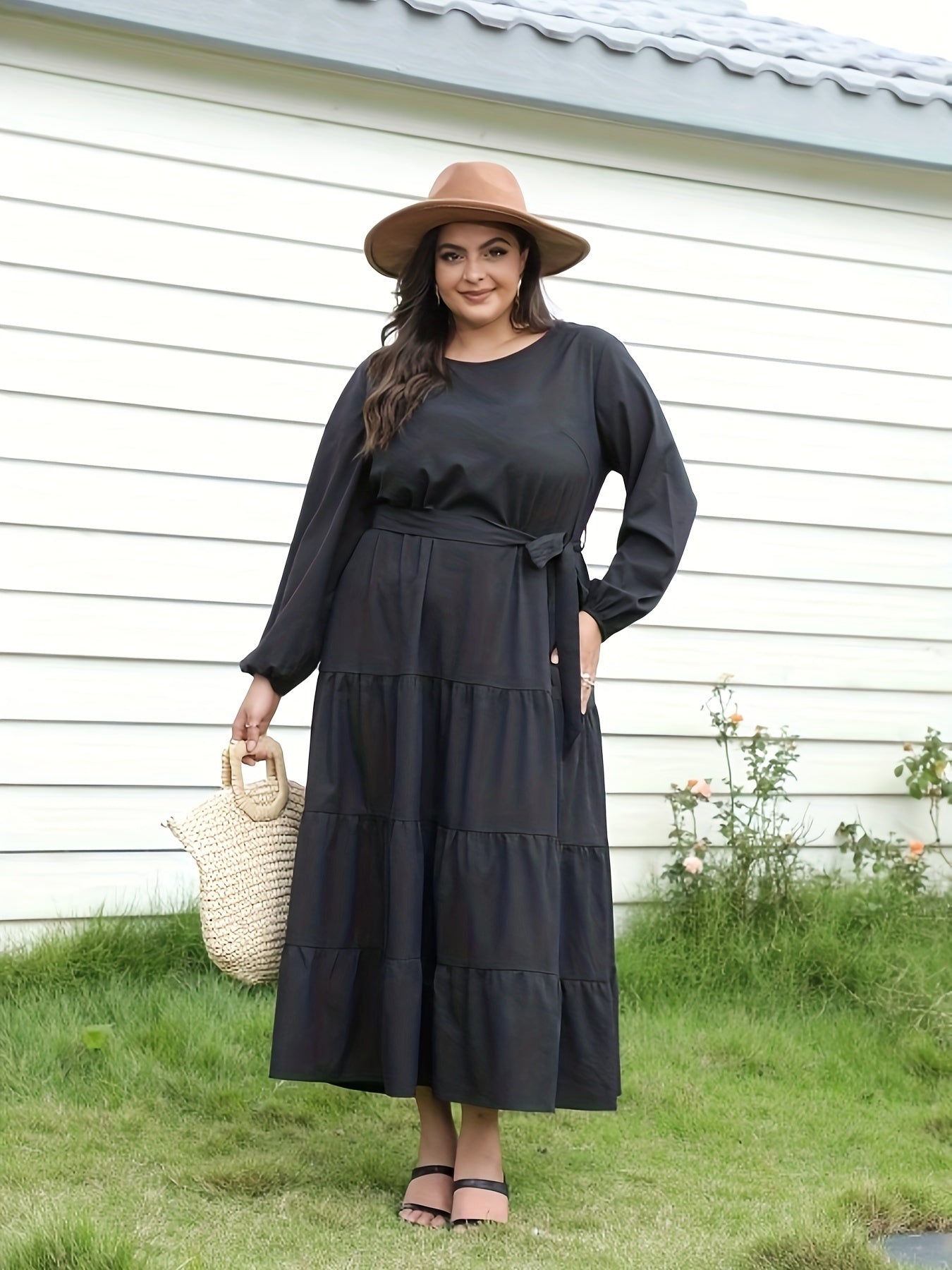 Women's Plus Solid Lantern Sleeve Maxi Dress With Belt