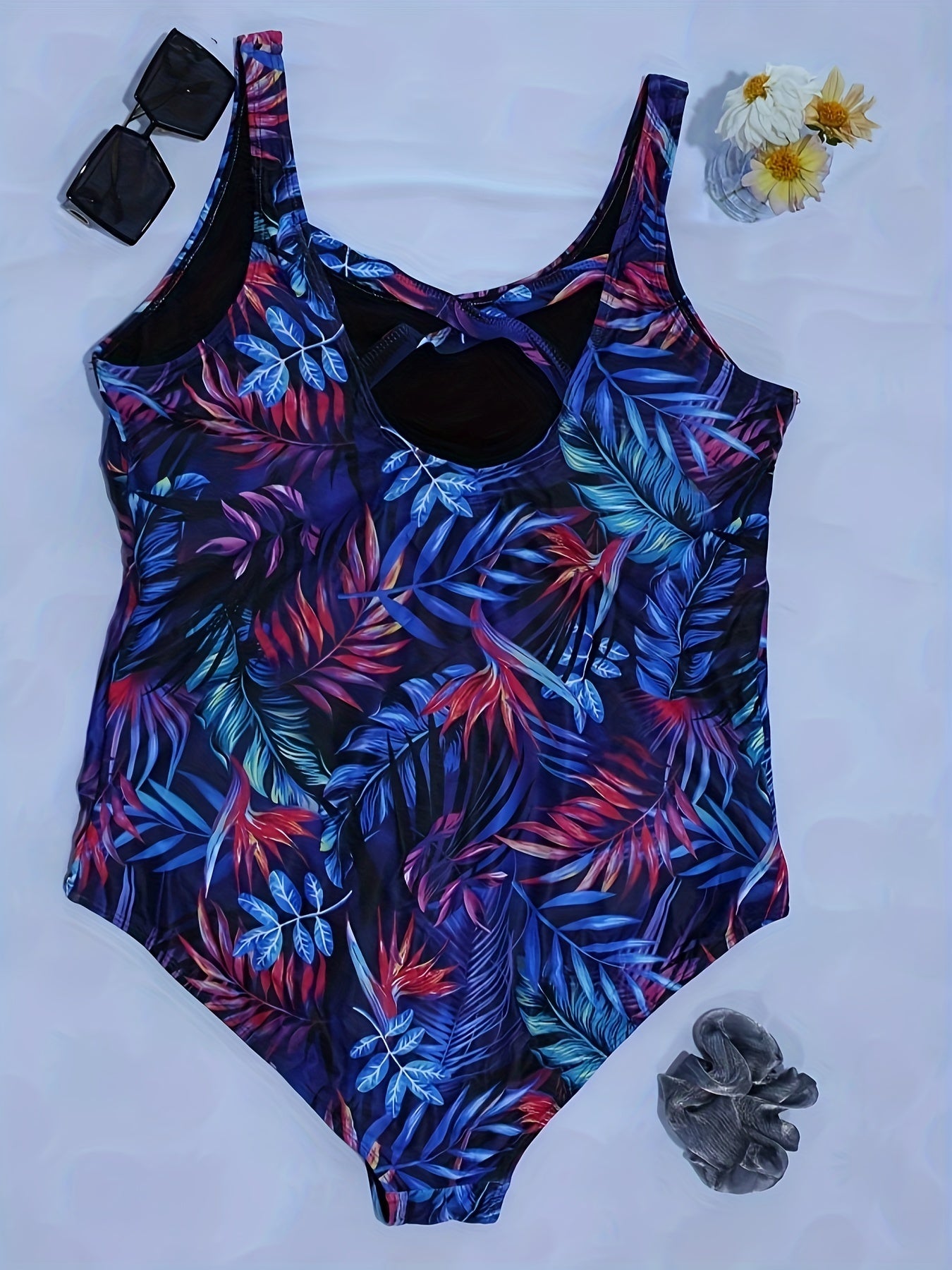  Boho Swimsuit Tropical Print Round Neck Tummy Control One Piece