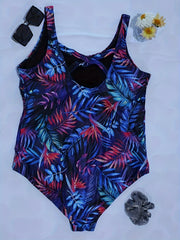  Boho Swimsuit Tropical Print Round Neck Tummy Control One Piece