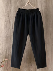  Solid Elastic Rise Straight Leg Pants With Pockets