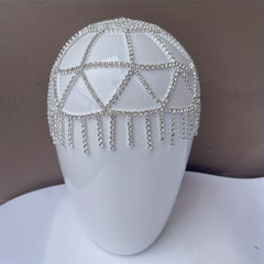 Rhinestone Tassel Cap Headpiece Glitter Head Chain Flapper Hair Cap