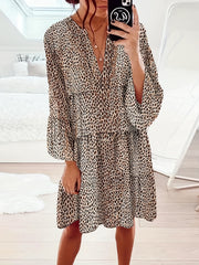 Leopard Print V Neck Dress Long Sleeve Dress Spring Fall Women's Clothing