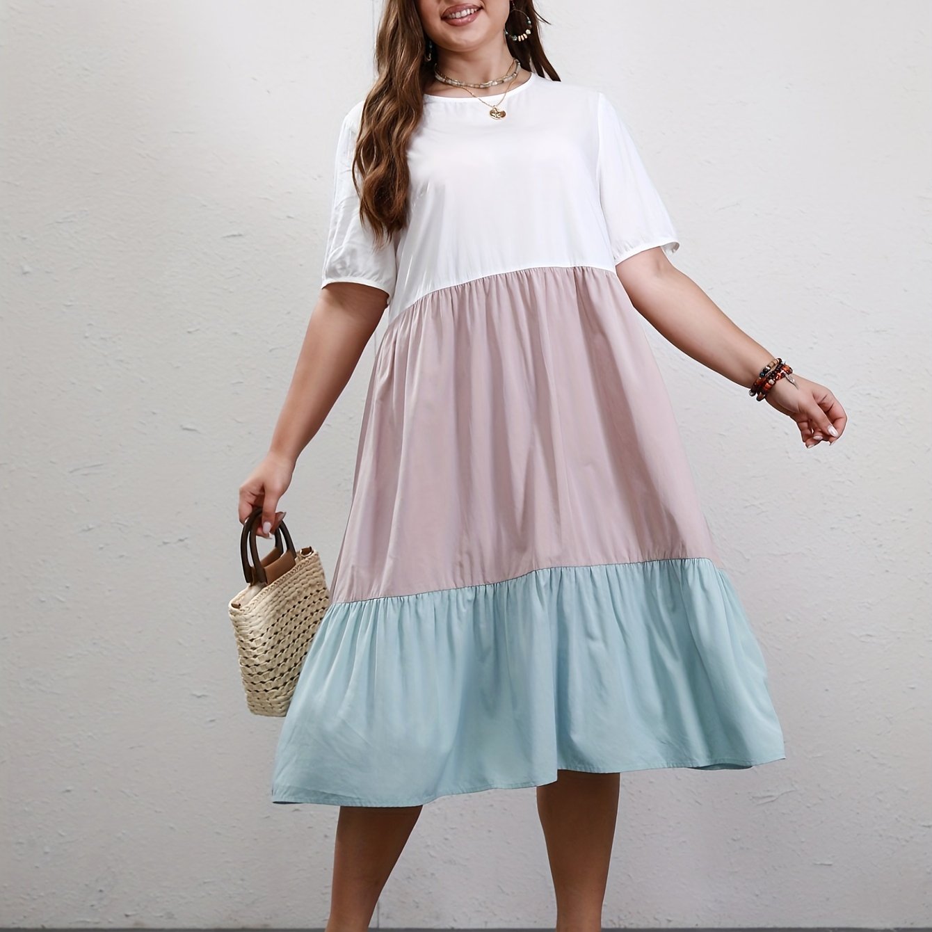  Colorblock Short Sleeve Round Neck Midi Smock Dress