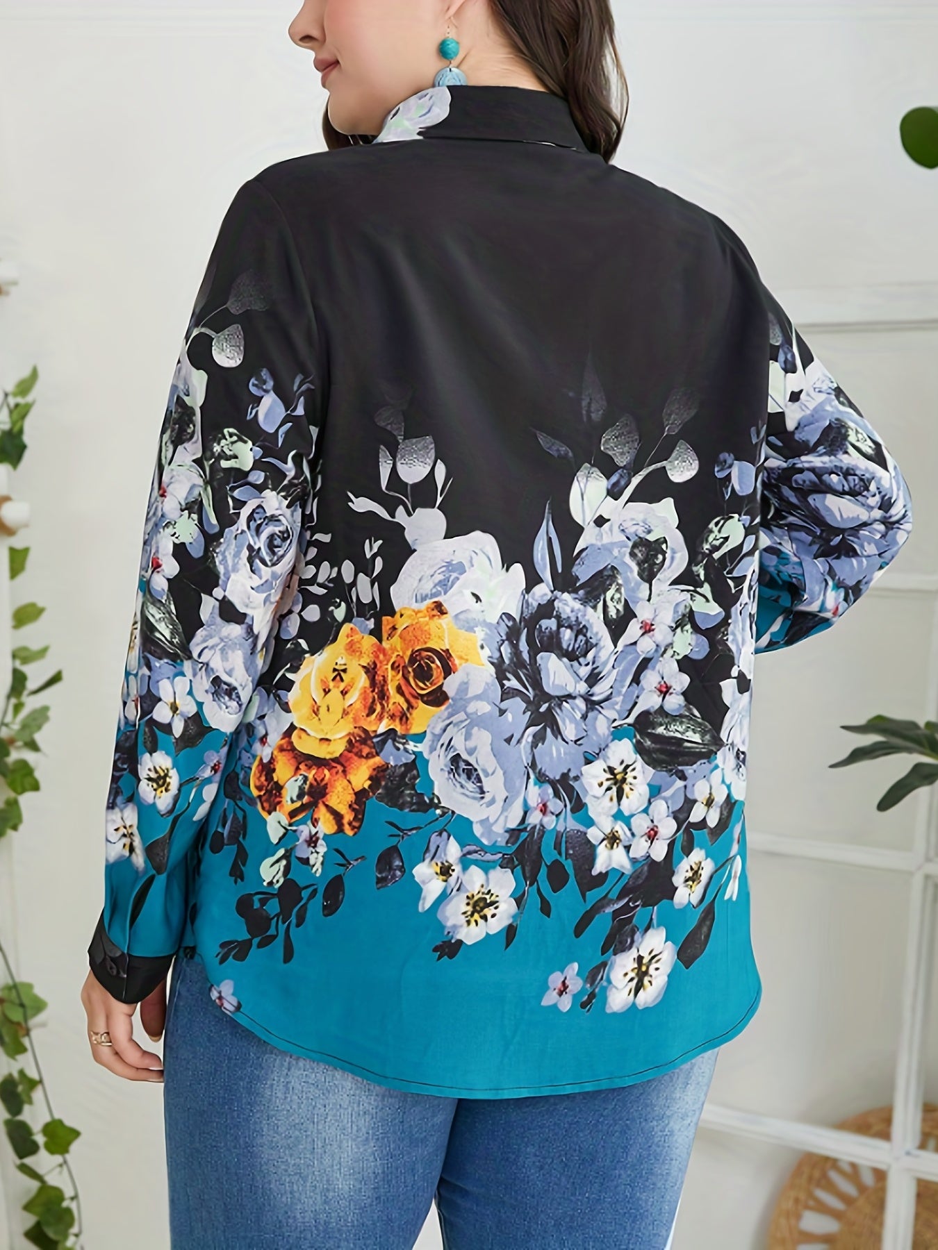  Floral Print Boho Blouse Long Sleeve Button Up Shirt Top