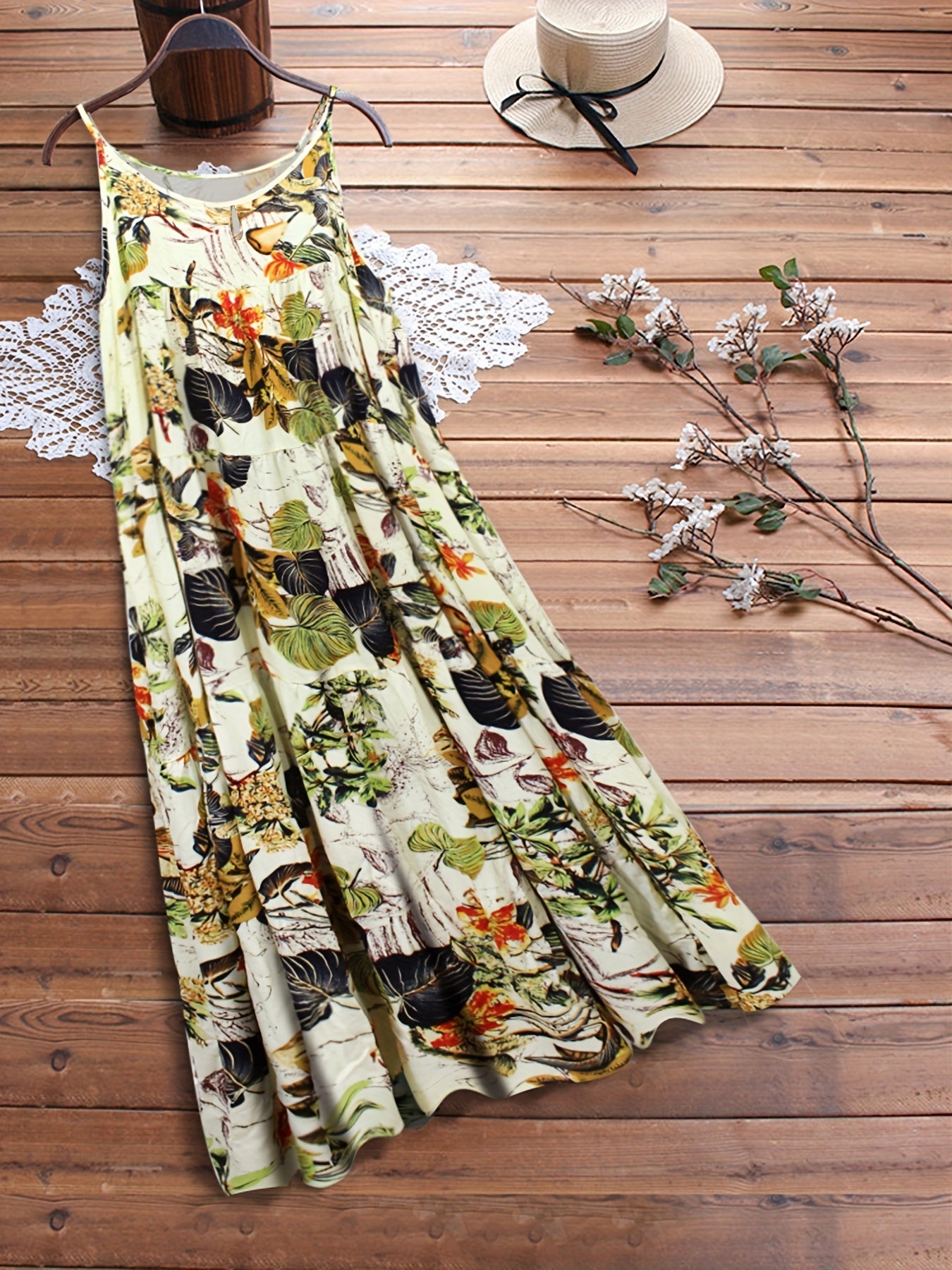  Leaf & Floral Print Maxi Cami Dress