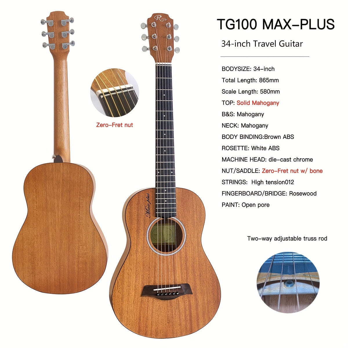 RP TG100MAX PLUS VI Solid Mahogany Small Body Acoustic Travel Guitar Natural