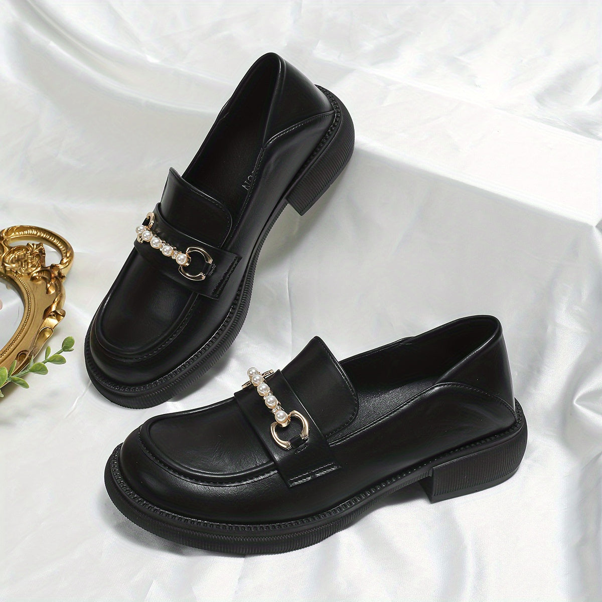 Women's Faux Pearl Loafers Slip On Chunky Shoes