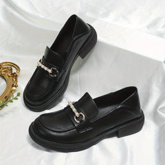 Women's Faux Pearl Loafers Slip On Chunky Shoes