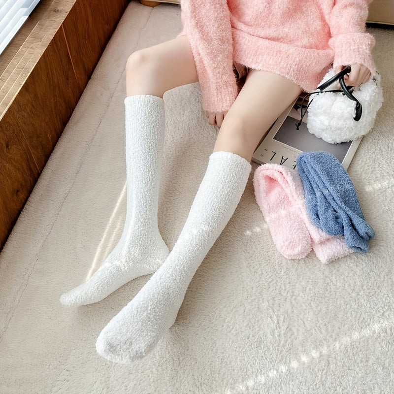 5 Pairs Solid Fuzzy Calf Socks Comfy & Warm Knee High Socks
