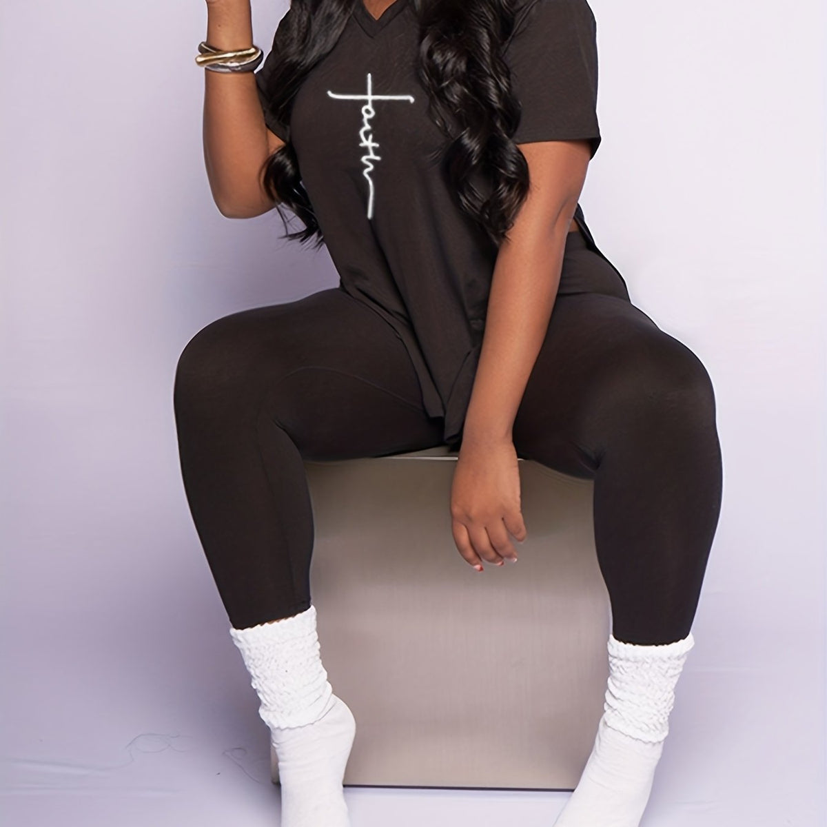 Women's Plus Letter Print T-shirt & Skinny Pants 2pcs Outfits Set