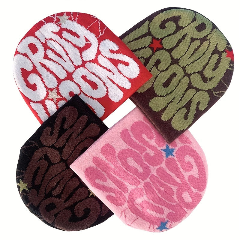Y2K Candy Knit Beanie Hat Letter Jacquard Elastic Warm Skull Cap