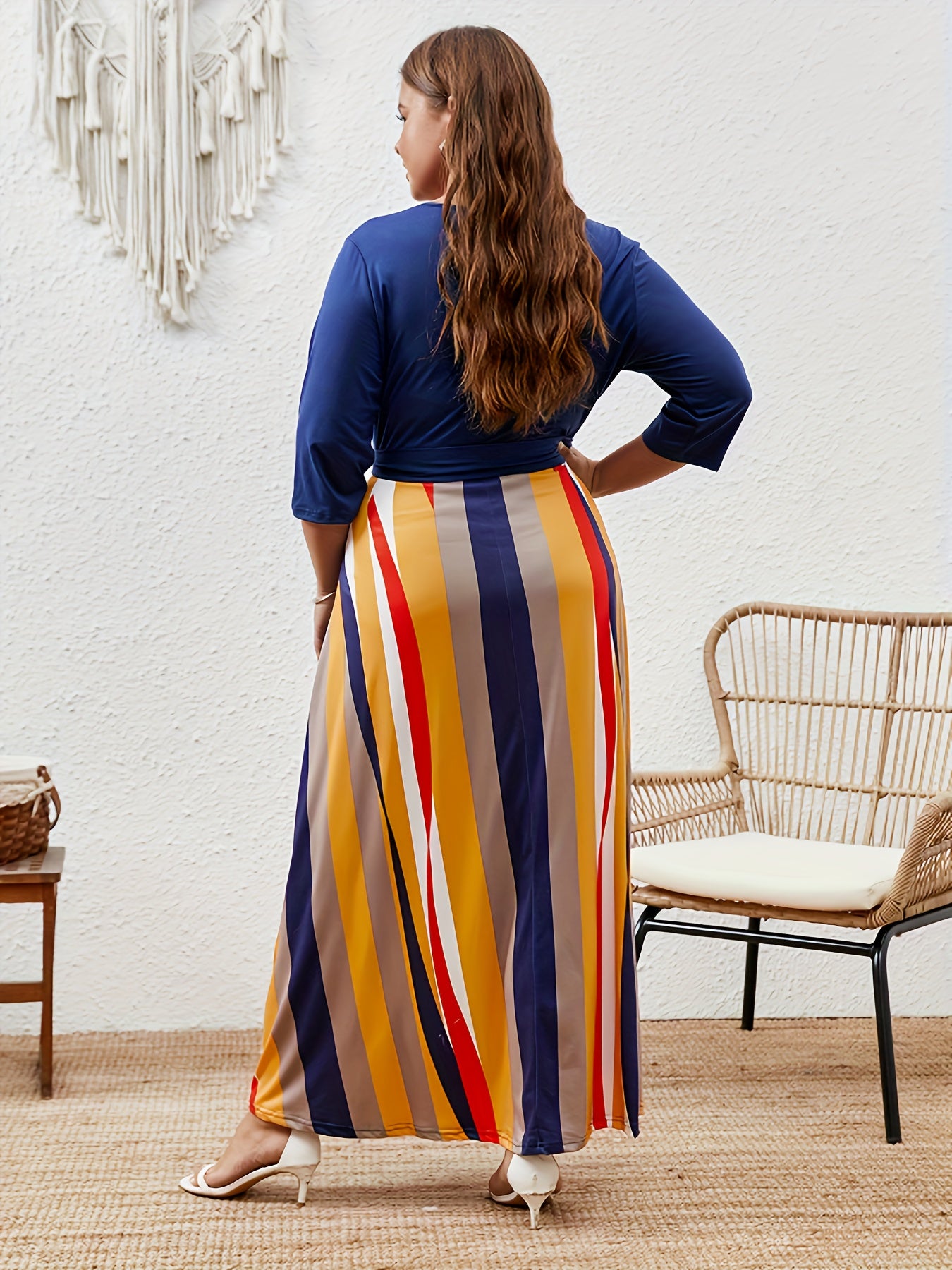  Colorblock Surplice Neck Maxi Wrap Dress