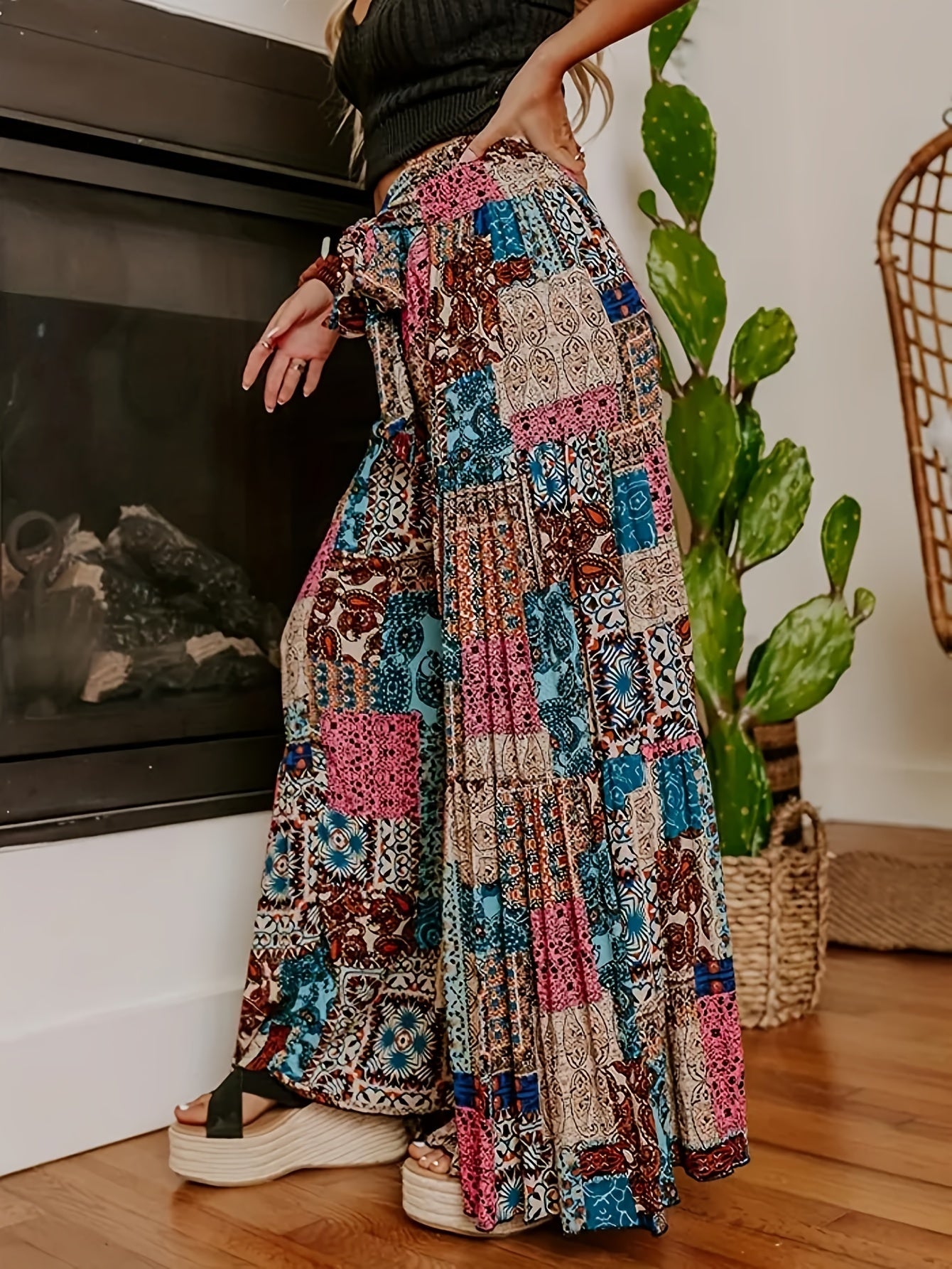  Patchwork Print Knot Front Wide Leg Trousers