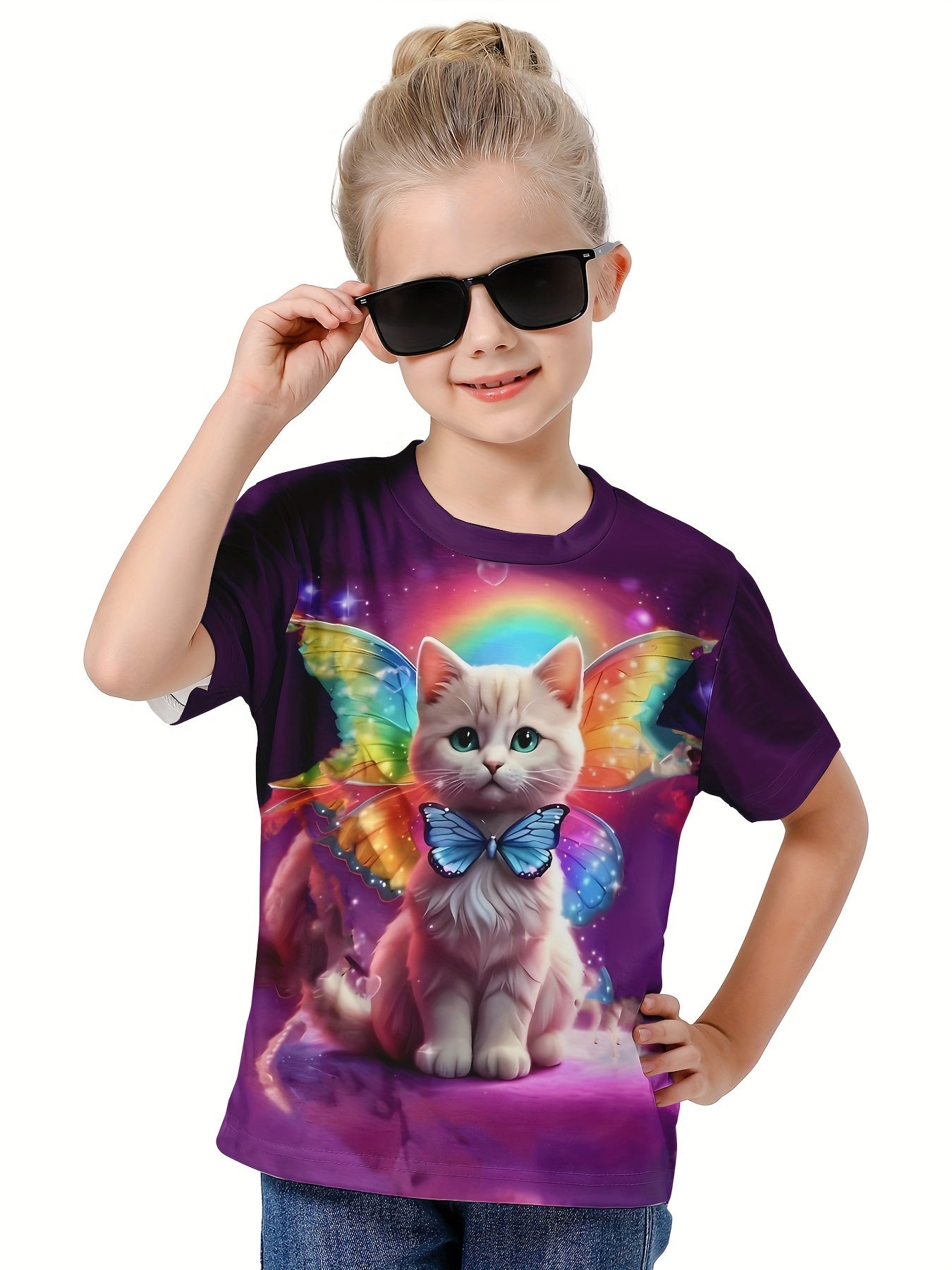 3D Rainbow Cat With Wings Print T shirt for Summer Sports