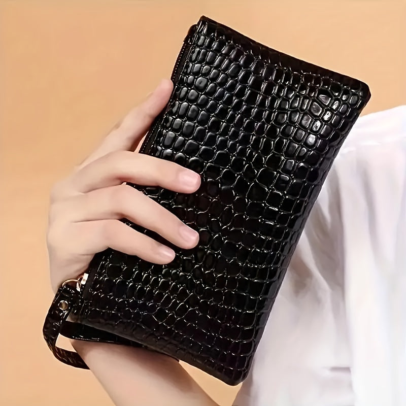 Crocodile Embossed Faux Leather Clutch with Wrist Strap