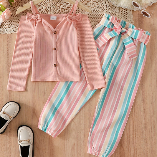 Bowknot Decor Outfit 2pcs Off Shoulder Top & Striped Pants Set