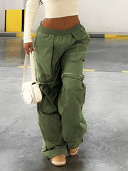  Solid High Rise Wide Leg Cargo Pants with Pockets