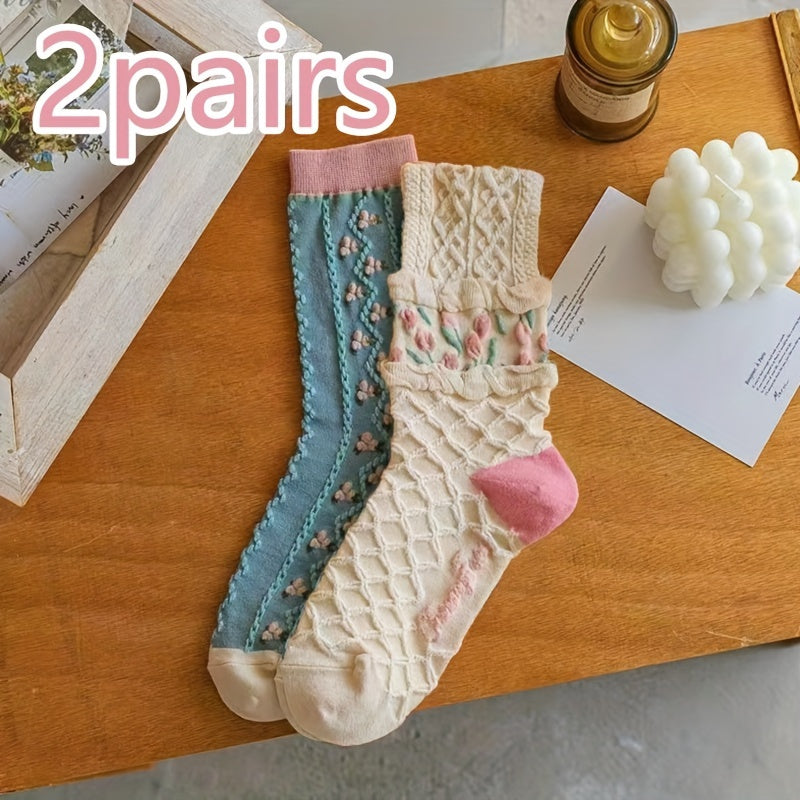 Soft Textured Floral Pattern Women's Tube Socks (4 Pairs)