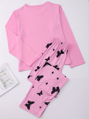 Butterfly Print Pajama Set Crew Neck Top & Pants Women's Sleepwear