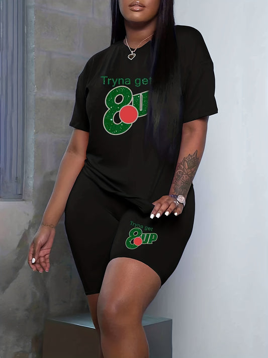  Colorblock Glitter Letter Print Top & Shorts Set