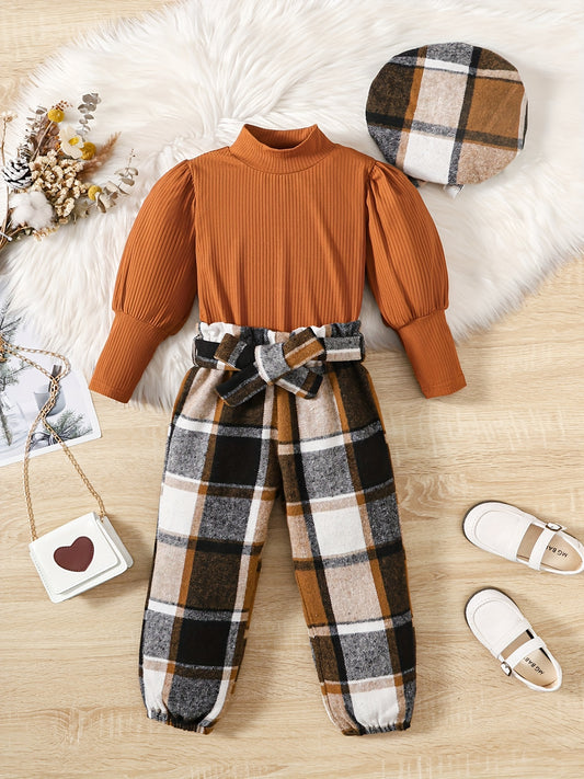 Girl's Plaid Beret & Sleeve Top & Pants Set Kids Clothes