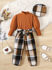 Girl's Plaid Beret & Sleeve Top & Pants Set Kids Clothes