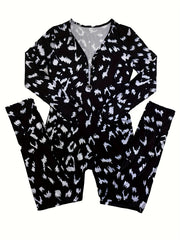 Graffiti Print Lounge Jumpsuit Long Sleeve V Neck Buttons Jumpsuit