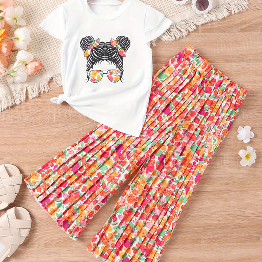 Girls Pretty Girl Graphic Print T shirt & Leopard Wide Leg Pants Set