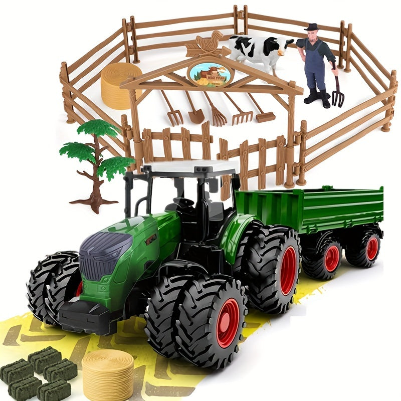 Big Tractor Toy Farm Animals Set with Truck and Trailer, Fence, Farmer, Tools