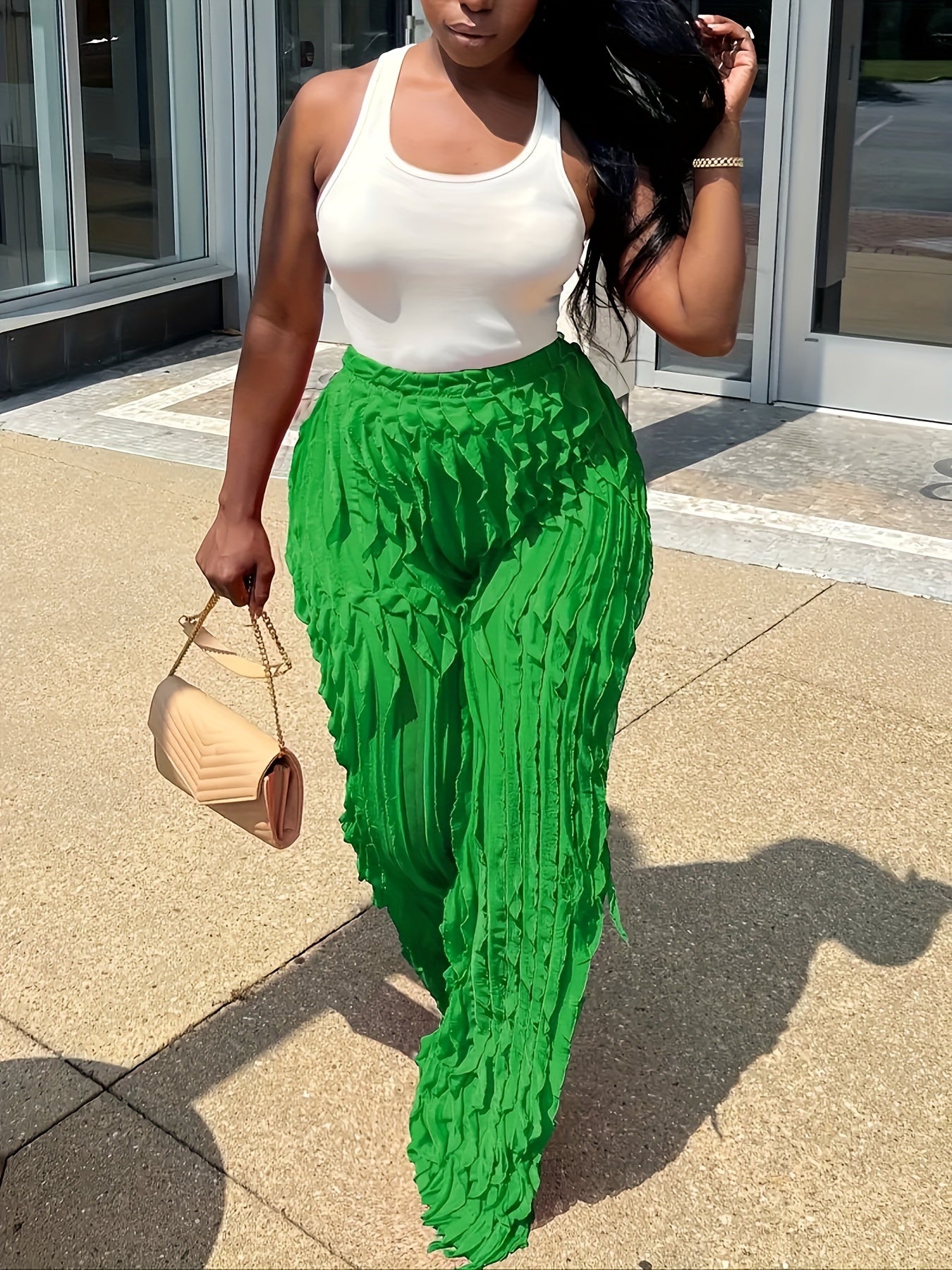  Solid High Rise Wide Leg Ruffle Trim Pants