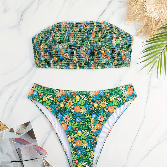  Boho Bikini Set Floral Print Tube Bra & High Waisted Panty Swimsuit