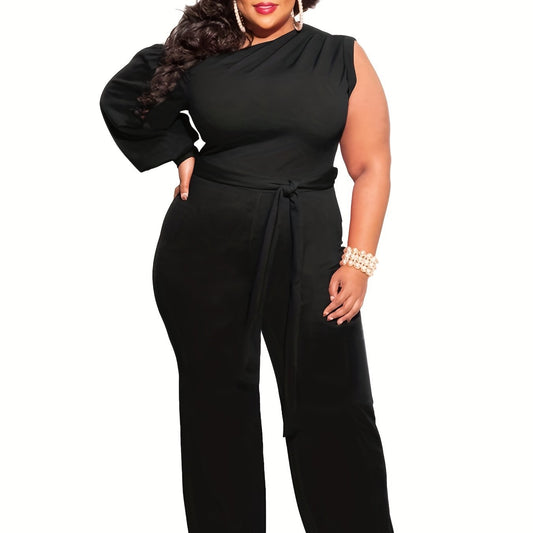  One Shoulder Lantern Sleeve Jumpsuit With Belt