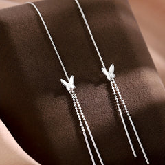 Silvery Butterfly Long Chain Dangle Earrings Copper Silver Plated Jewelry