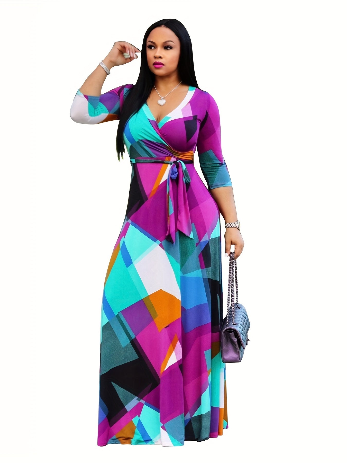  Geometric Print Surplice Neck Maxi Dress