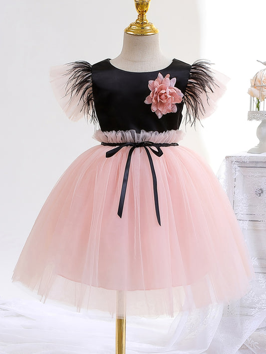 Toddler Girls Butterfly Sleeves Feather Flowers Decor Princess Dress
