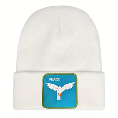 Peace Bird Embroidery Patch Beanie Solid Knit Hat Lightweight Skull Cap