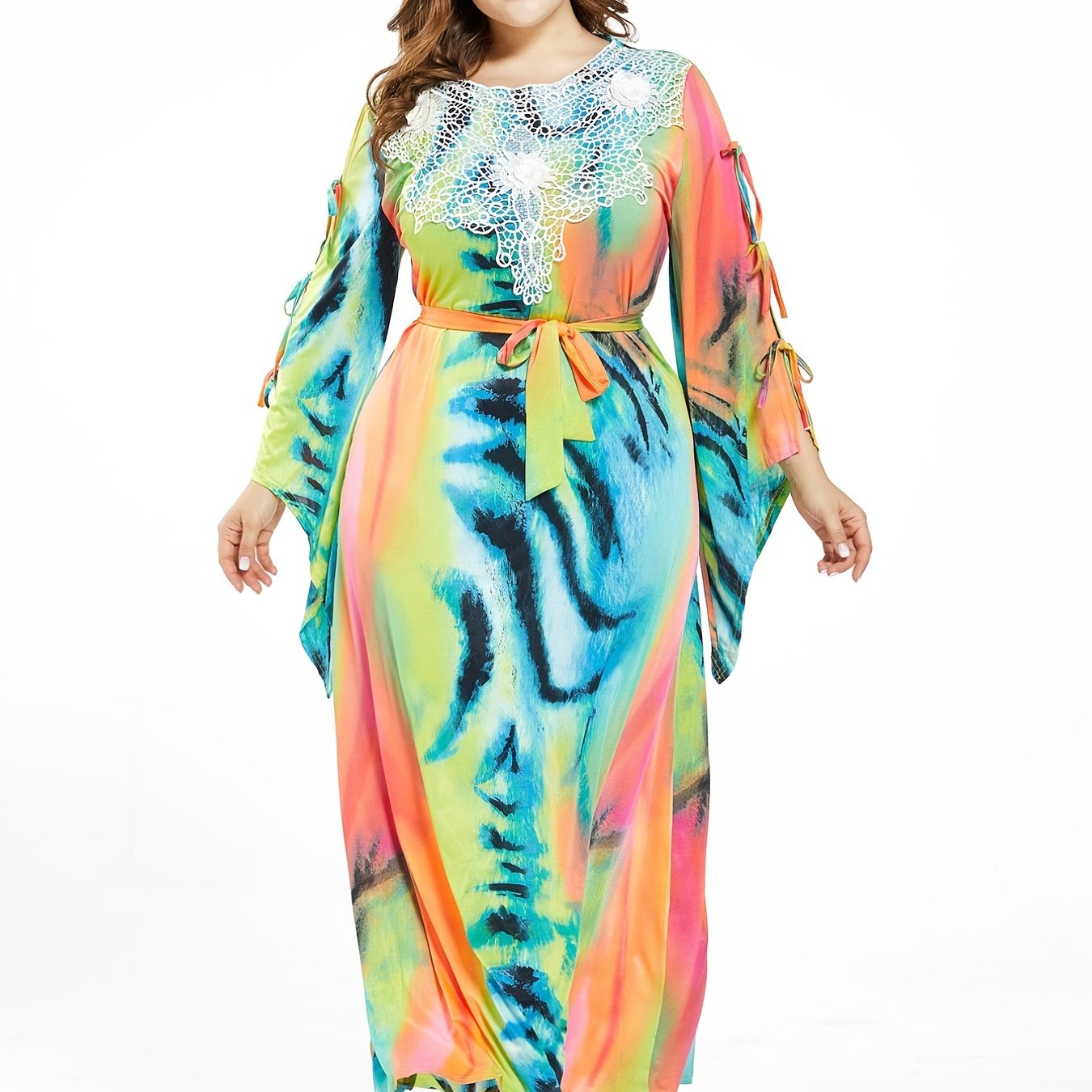  Tie Dye Lace Knot Maxi Dress Women's Plus Medium Stretch Boho Long Dre