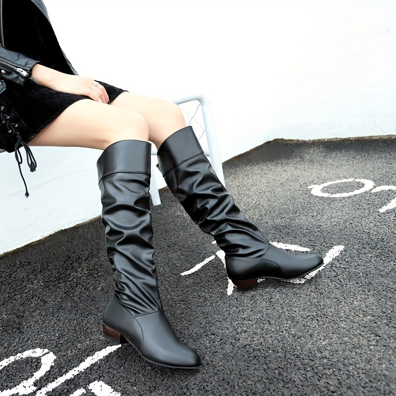 Women's Slouchy Mid Calf Boots Low Heeled Pull On Boots