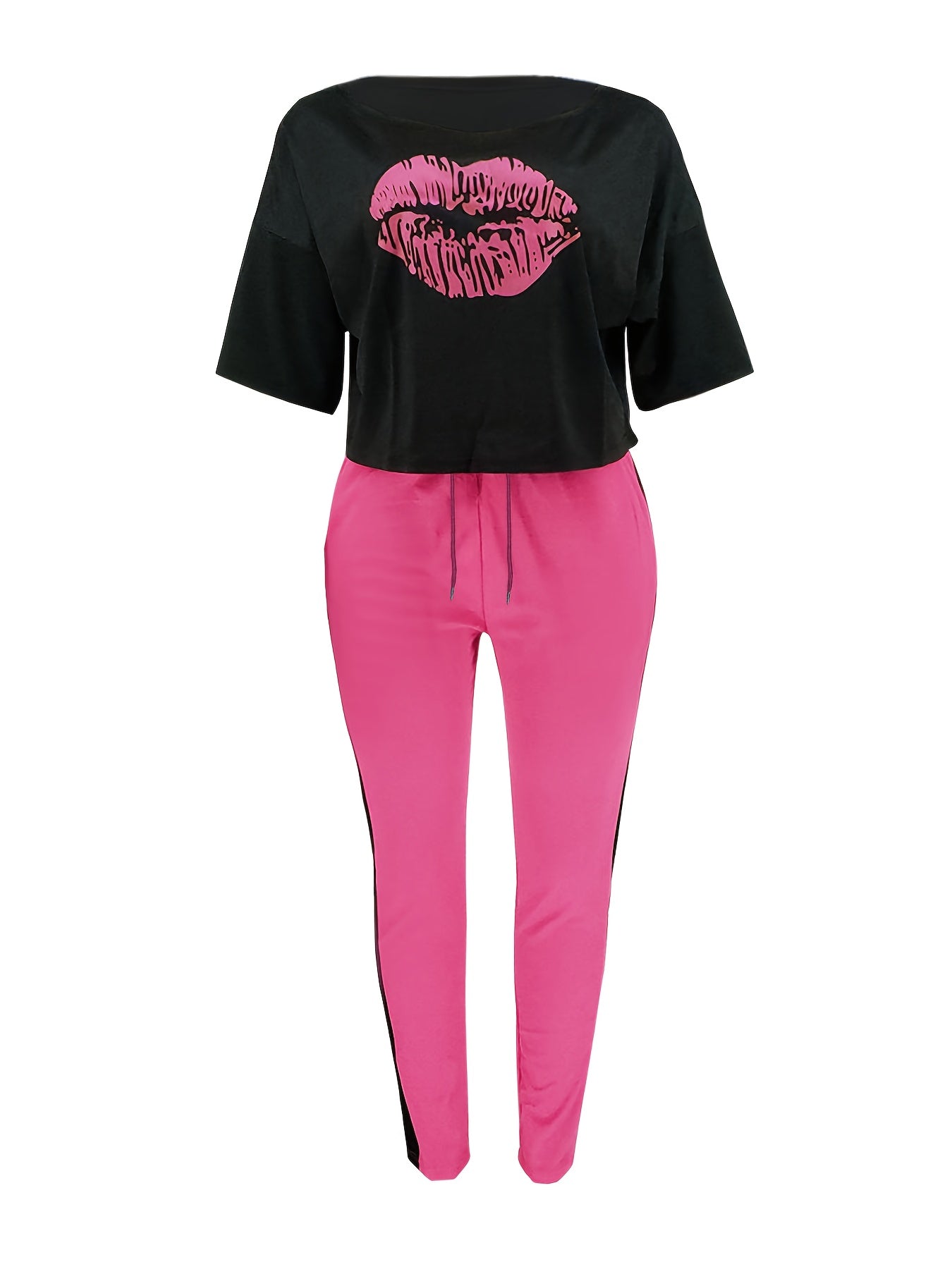 Lips Print Top & Drawstring Pants Two Piece Set
