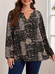  Boho Blouse Women's Plus Patchwork Print Long Sleeve Shirt Top