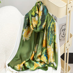 Green Lotus Print Scarf Satin Silk Scarf